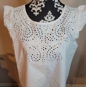 Ann Taylor White Eyelet Ruffle Sleeve Blouse